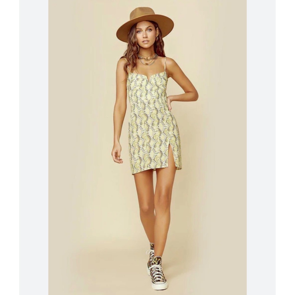 Blue Life Yellow Snakeskin Print Mini Dress Adjustable Straps Smocked Back Slit